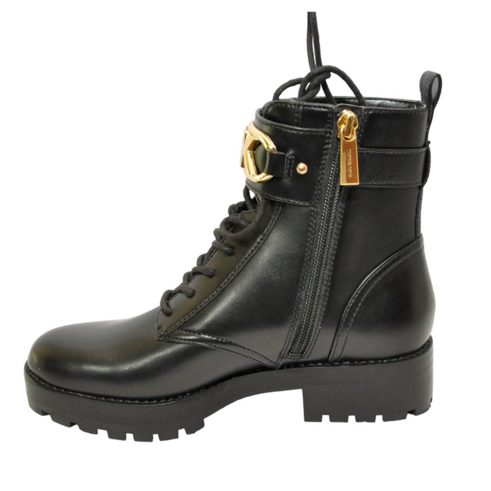 SIZE 10 Michael Kors Kincaid Leather Combat Boot Lace Up Bootie Blk/Gold - Picture 6 of 6